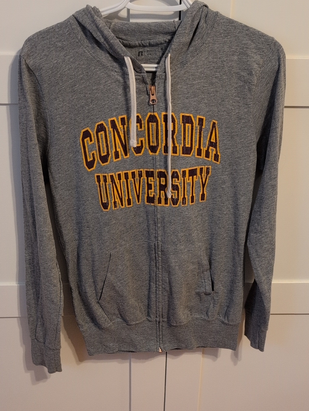 Russell Athletic Gray Zip-Up Hoodie with Gold Concordia University Applique